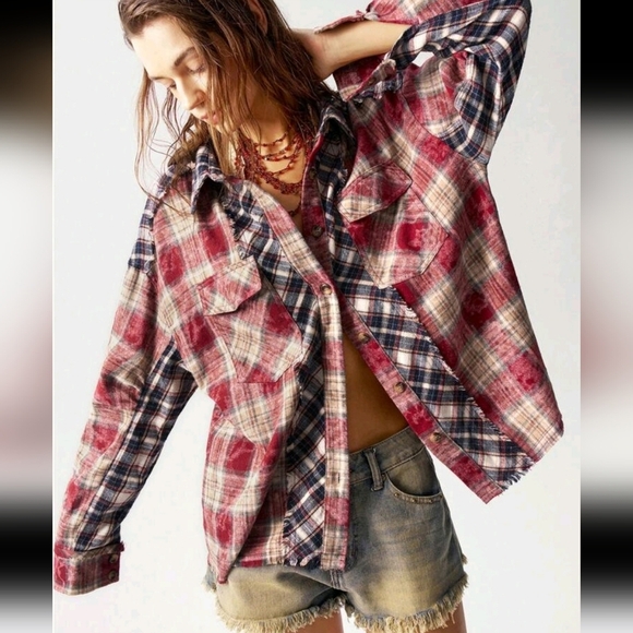 Vacation Plaid Patchwork Colorblock Women's Casual Shirt - Picture 1 of 4